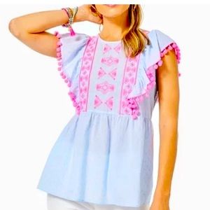 Lilly Pulitzer Raquelle top Swiss dot Dobby chambray NWT - Medium